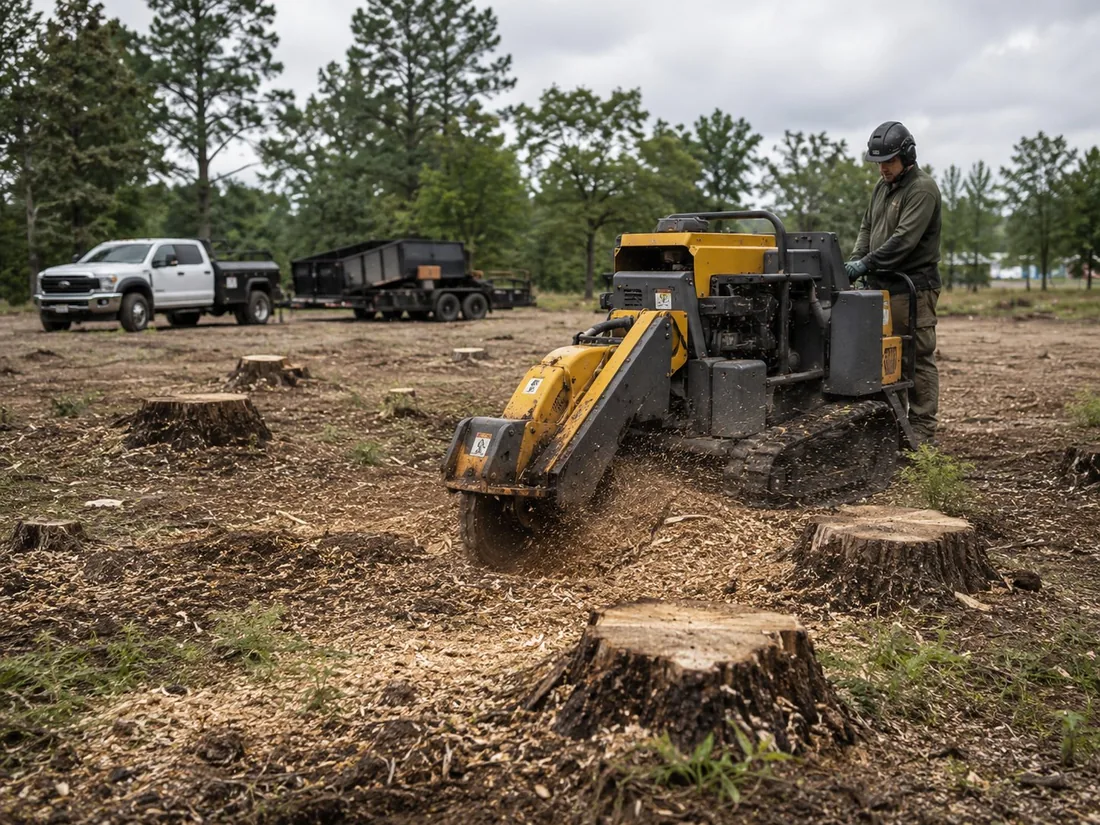 Tracked stump grinder clearing multiple stumps on a commercial lot