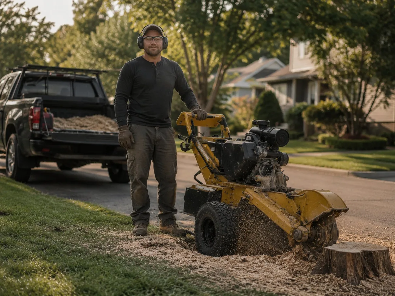 Vetted local stump-grinding professional standing with his grinder and work truck