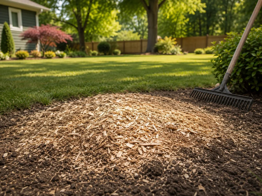 Freshly ground stump reduced to a pile of wood chips and mulch, raked clean