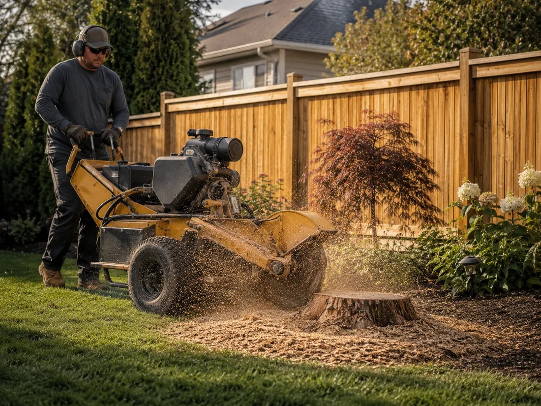 Stump grinder removing a single tree stump in a residential backyard