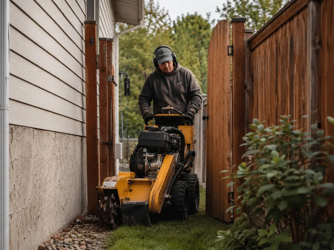 Compact stump grinder fitting through a narrow gate into a tight side yard